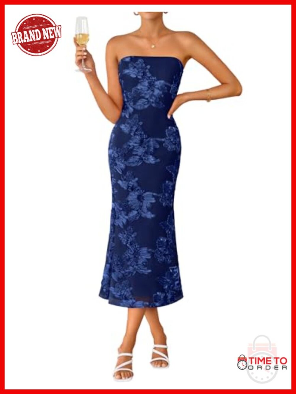Strapless Floral Mesh Midi Dress Sleeveless Bodycon Formal Cocktail